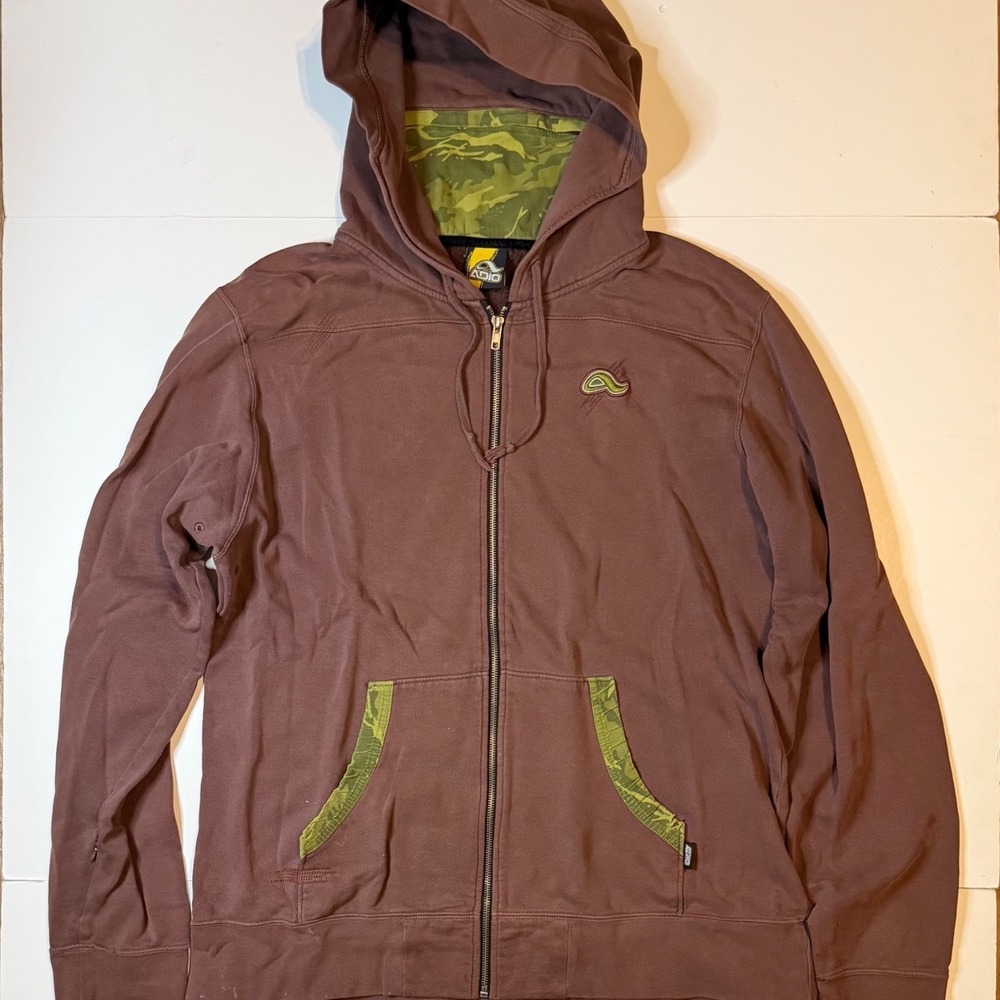 Vintage Adio Zip Up Y2K Hoodie Brown Camo Trim Skate XL Distressed Stash Pockets